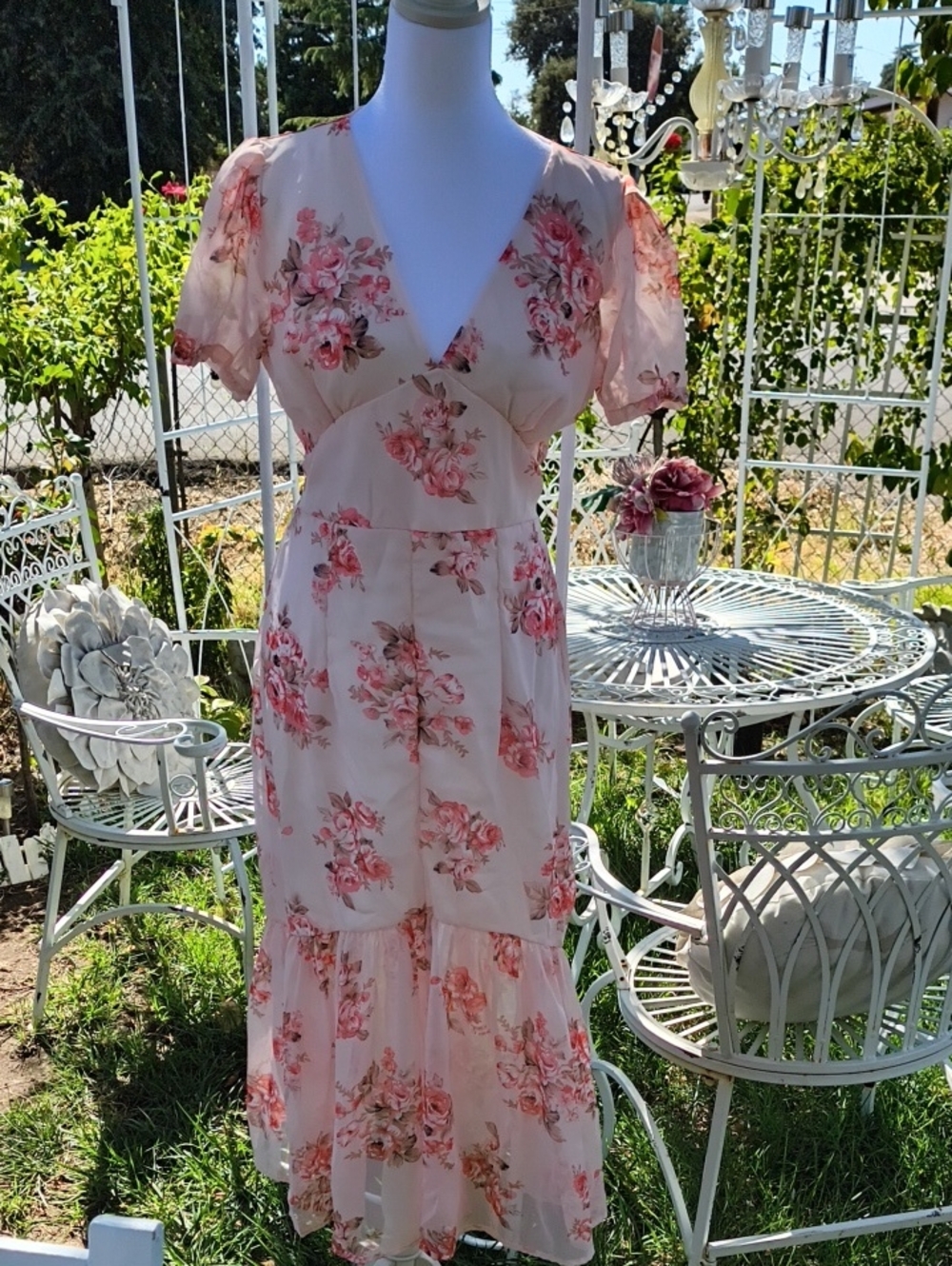 Floral V-Neck Pink Midi Dress